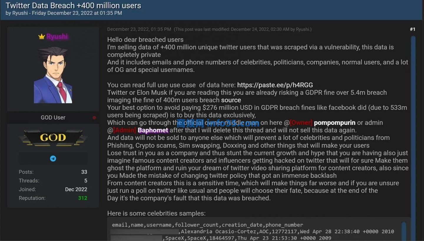一名网名为“Ryushi”的网络黑客在 Breached 暗网出售推特用户数据