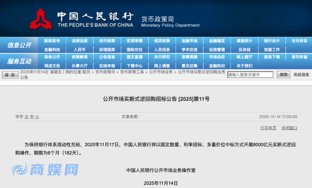央行官网11月14日发布公告称 8000亿元买断式逆回购来了