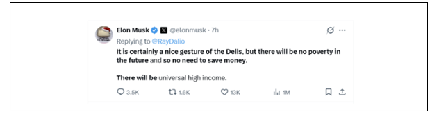 马斯克认为AI将创造“全民高收入” 不必再存钱