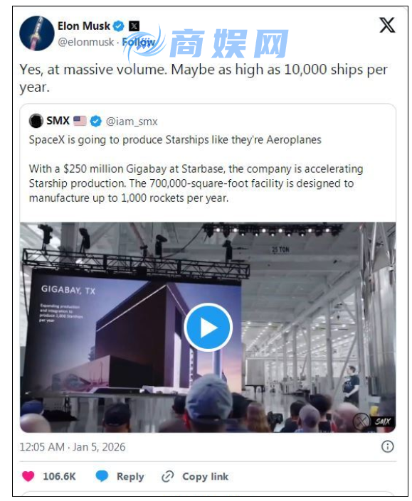 马斯克提出终极宏伟目标 每年生产1万艘星舰飞船